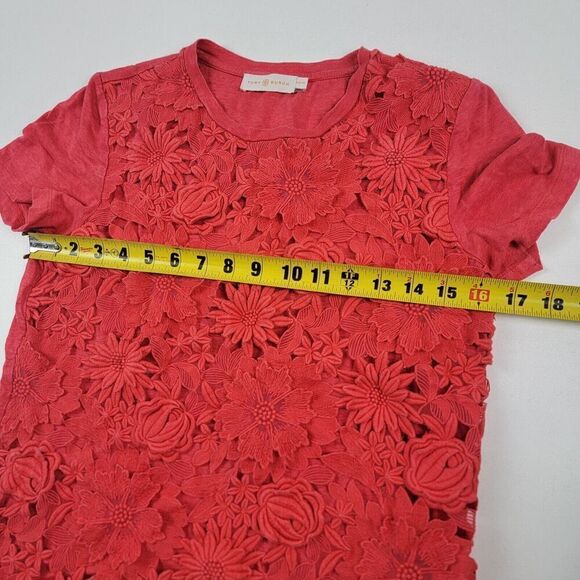 Tory Burch Blouse Shirt Womens XS Red Eyelet Overlay Floral Short Sleeve - Picture 5 of 12
